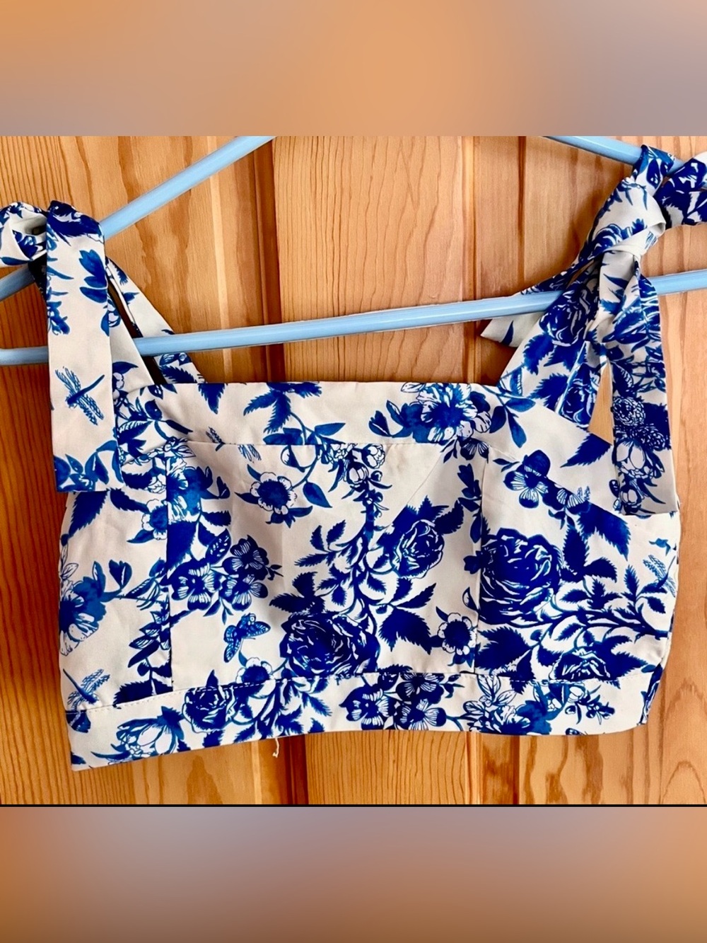Indigo Blue White Floral Bow Strap Crop Top Square Neck Side Zip Adjustable XS